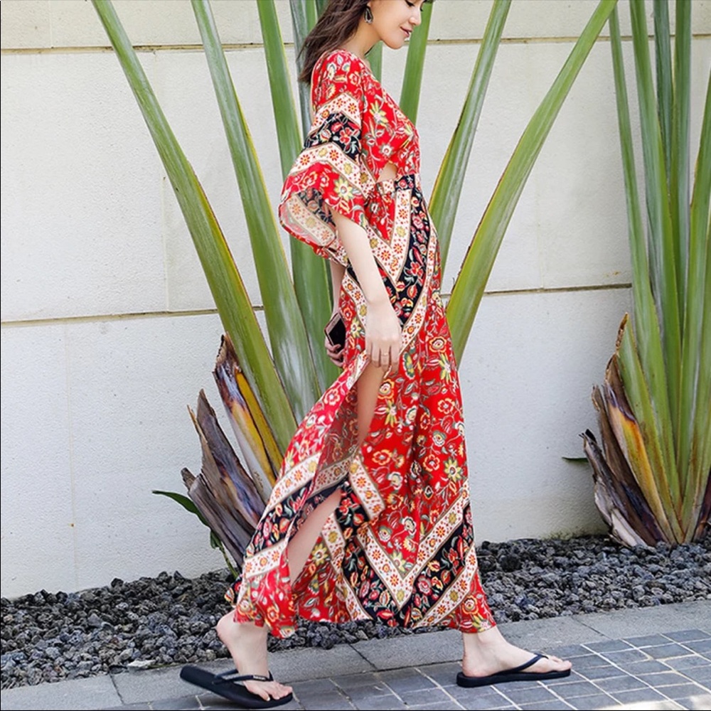 Backless Boho Gypsy Maxi Dress Floral Long Sleeve - Picture 6 of 11